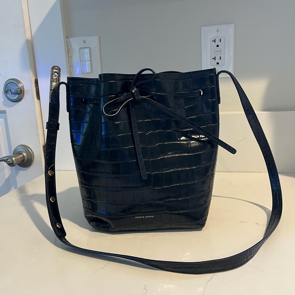 Mansur Gavriel Black Croc-Embossed Bucket Bag
